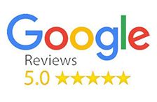 Google Reviews 5.0 rating badge with five gold stars, indicating excellent customer feedback.