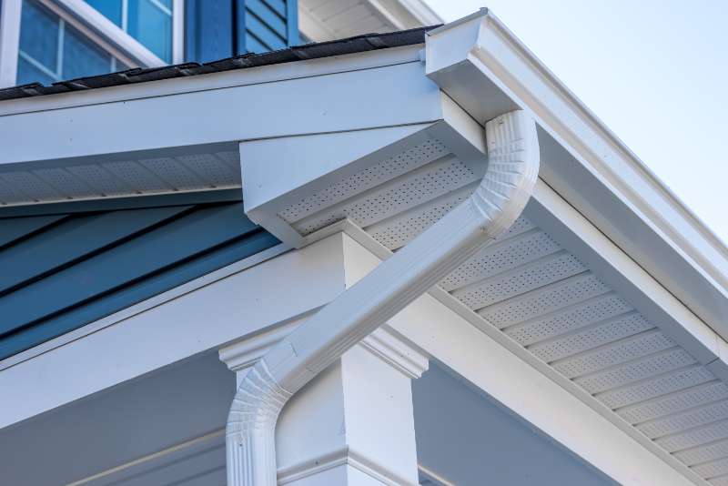 Newly installed gutter system with downspouts, improving rainwater drainage for a well-maintained home exterior.
