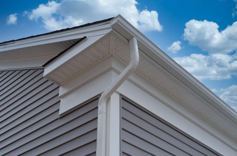 Newly installed white gutters on a residential home, ensuring effective rainwater drainage and protection.